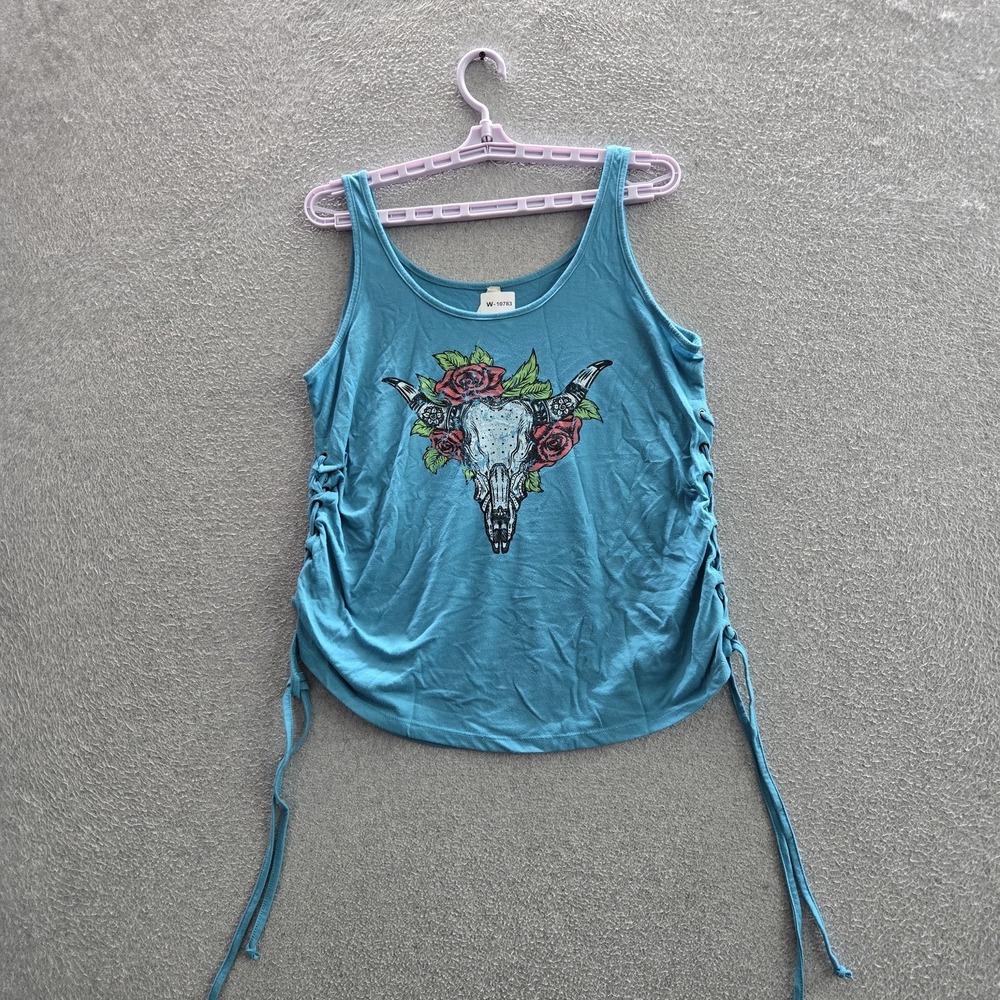 Roper Women Tank Top M Teal Graphic Western Button Strap Scoop Neck Pullover